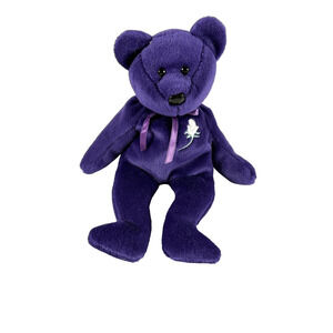 1997 Ty Princess Diana Purple Beanie Baby Bear White Rose Vintage